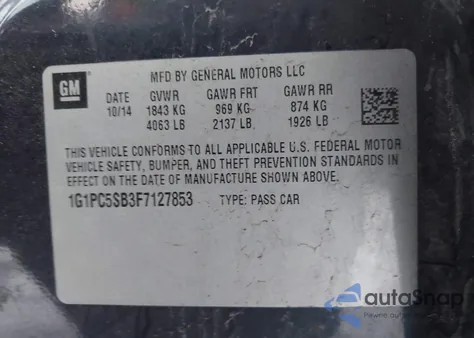 2015 Chevrolet Cruze 1Lt Auto из США, поврежденный, VIN 1G1PC5SB3F7127853